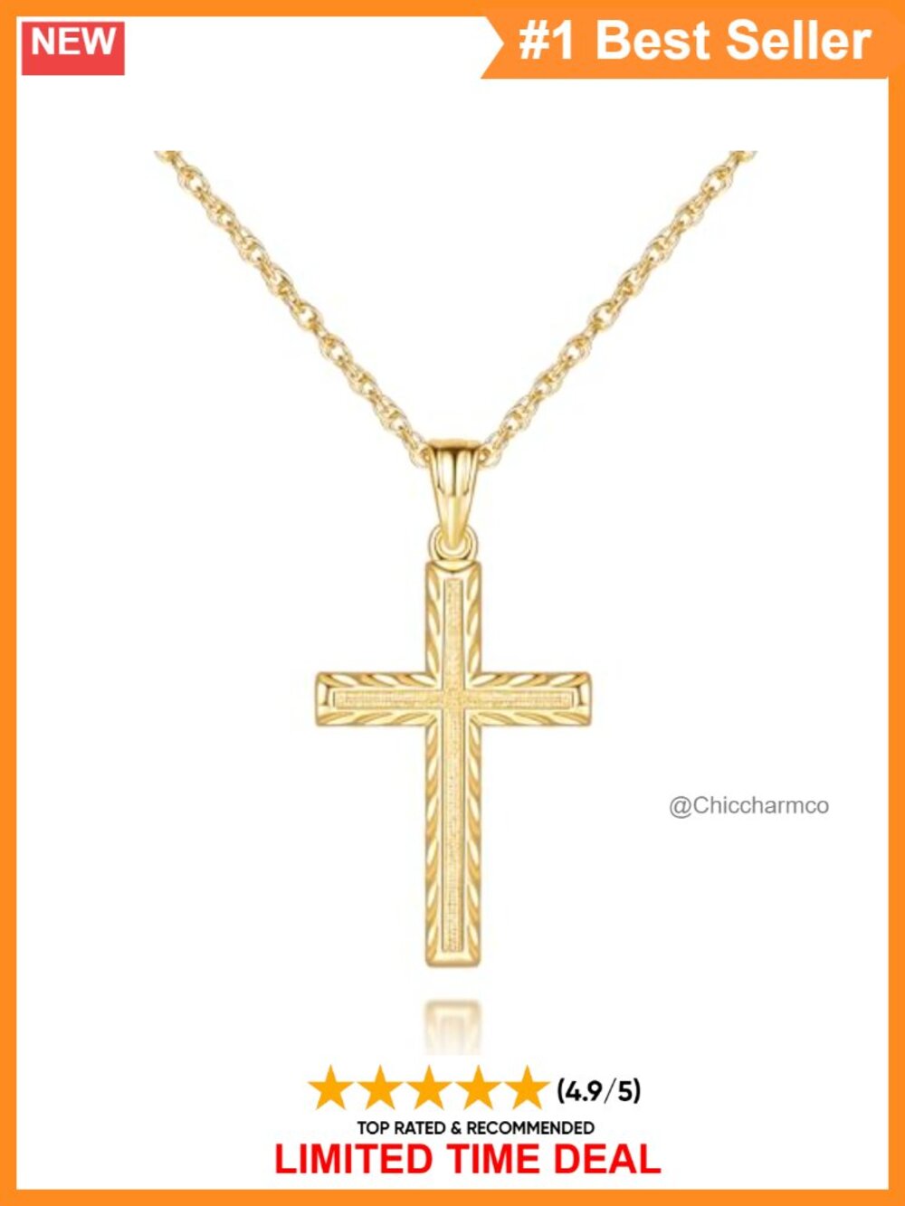 14K Gold Plated Cross Pendant Necklace Textured Singapore Chain